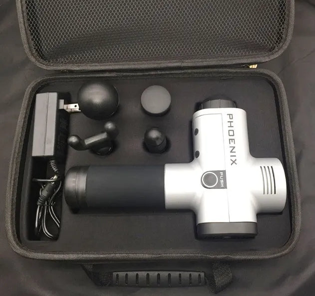 Black fascia massage gun with four attachment heads showing 29cm dimensions