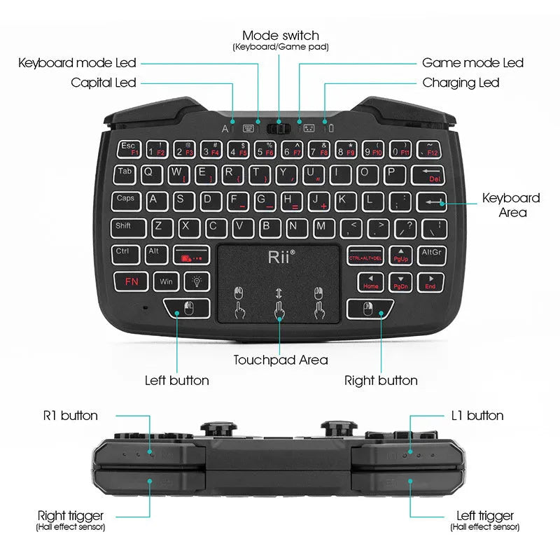 Black wireless mini keyboard with USB connection and ergonomic support, compact design without multimedia keys.