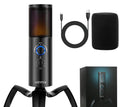 Black Q18 USB condenser microphone with RGB lights on an adjustable metal tripod stand.
