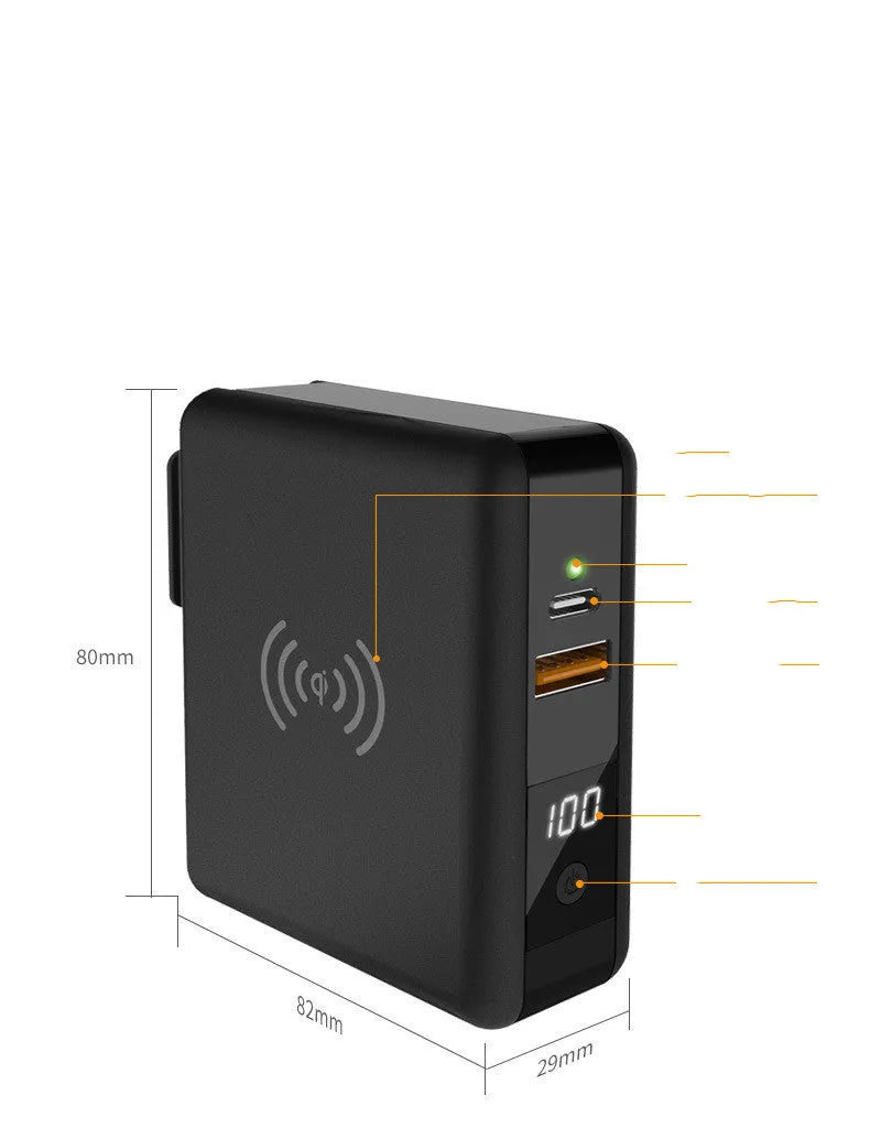 Black and white wireless charging power bank with folding UK plug and international travel adapters