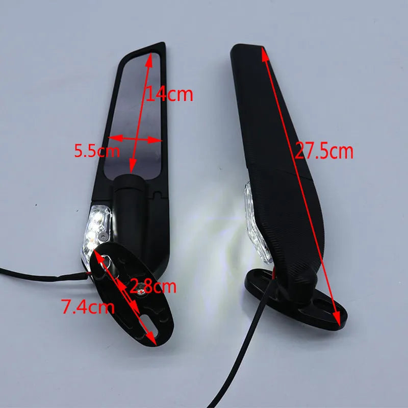 Spoiler-shaped aluminium motorcycle rearview mirror with convex glass lens and yellow running light, model SH-620-5.