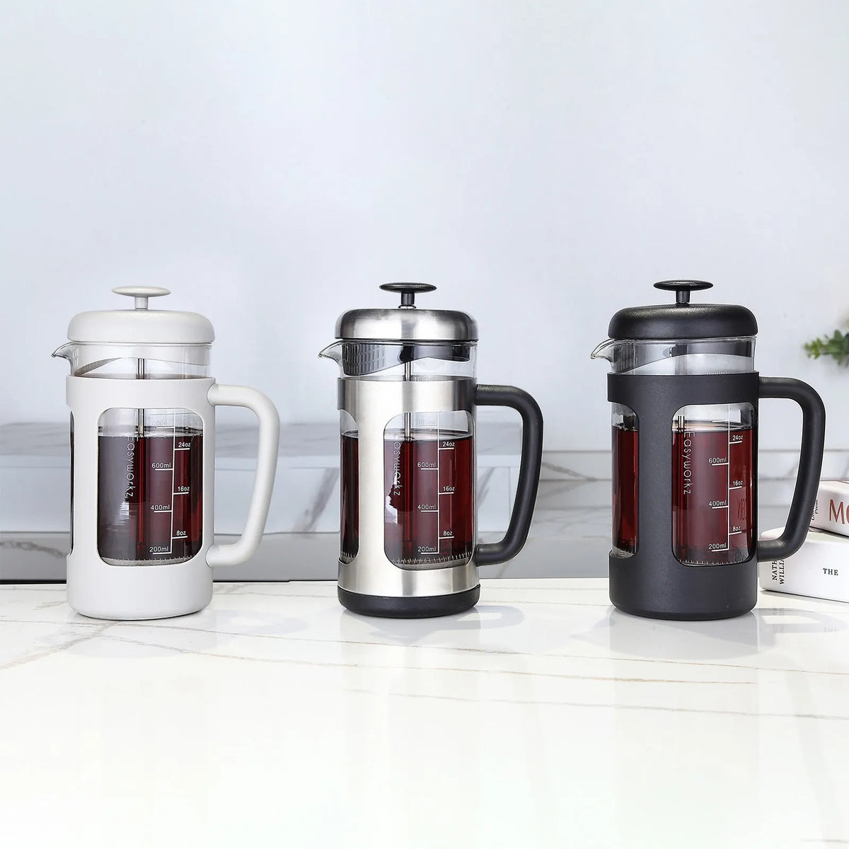1000ml glass French press coffee maker with brewing filter and tea infuser, shown in black or light gray.