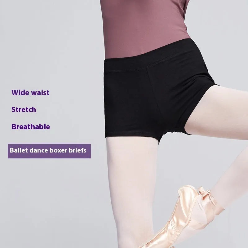 Black cotton ballet practice shorts for women in solid colour with sizing options