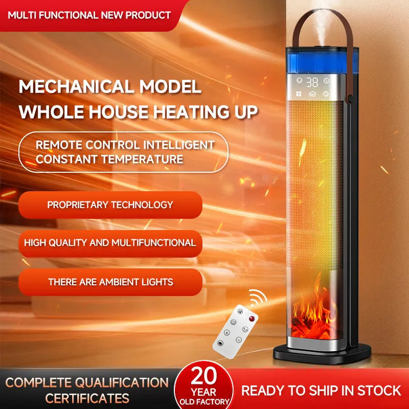 Vertical humidifying heater with remote control, dimensions 16x16x52.6cm