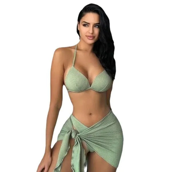 Women's three-piece Russian split swimsuit set in avocado green, showing top, panties, and skirt.