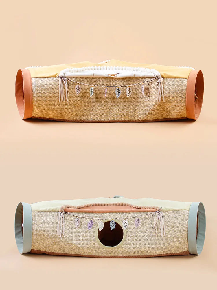 Avocado cat tunnel toy with drill hole made from polyester and nylon on a light background