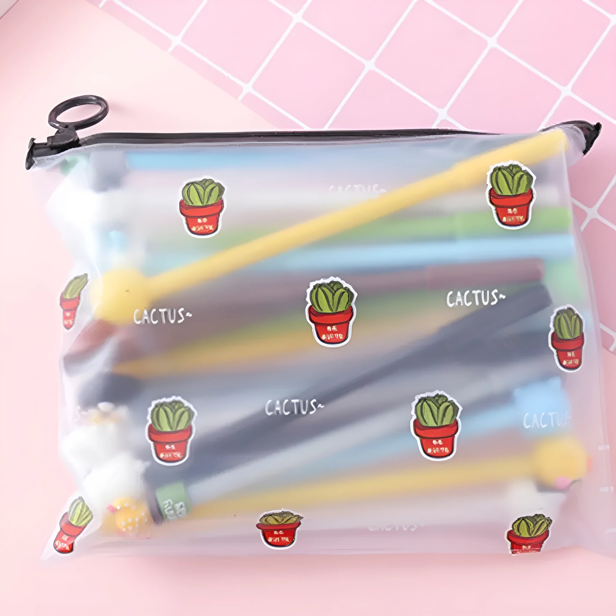 Marvel cartoon cactus design pen set showing 20 black ink pens in 21x17cm plastic storage case