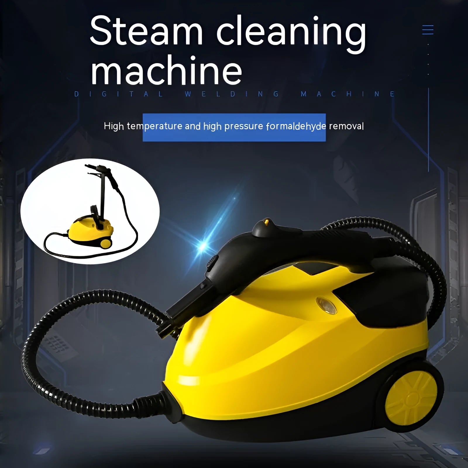 Yellow colour-changing clean steam engine with copper and plastic construction for car beauty and housekeeping