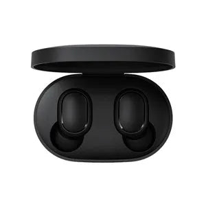 Black Redmi AirDots 2 true wireless earbuds and charging case on a white background