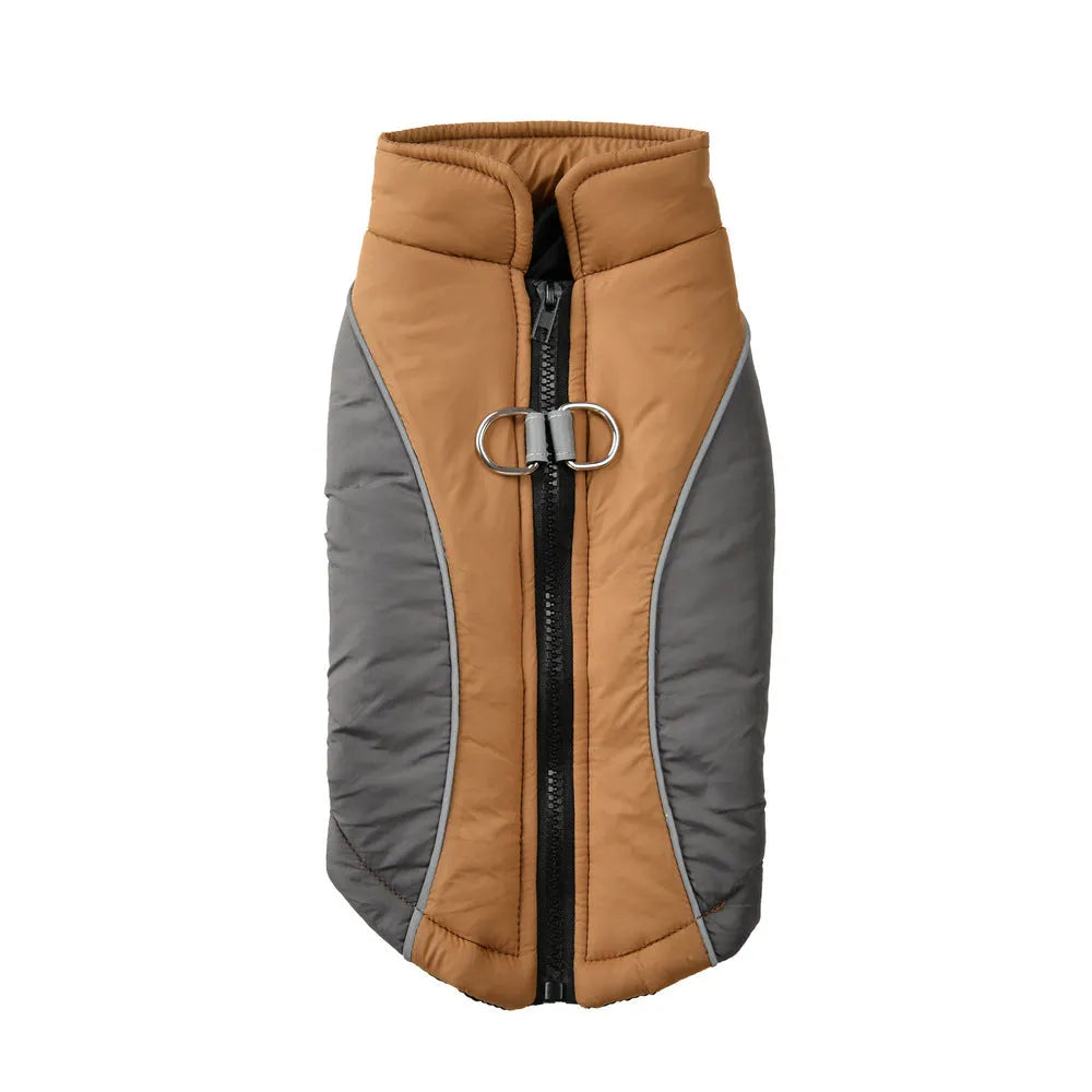 Reflective polyester pet coat in contrast colours, sizes XS to 2XL, for autumn and winter walks.
