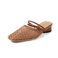 Women's square toe chunky heel slippers in beige, showing hollow-out breathable design and rubber sole.