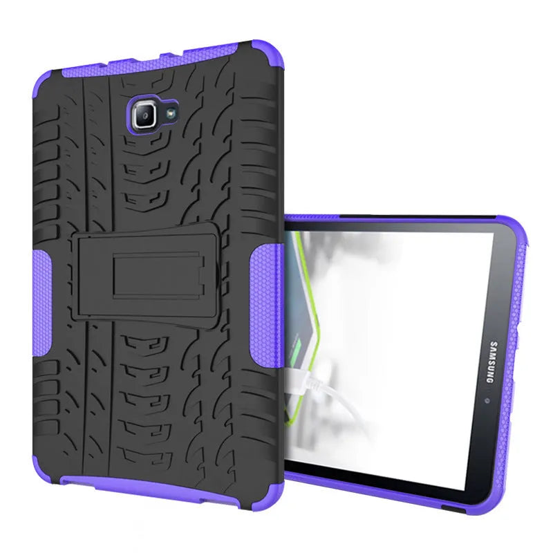 Samsung Galaxy Tab A 10.1 2016 plate bracket shell protective case in black with stand and tyre pattern