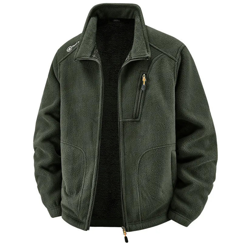 Men's loose casual polar fleece cardigan jacket in dark gray with full front closure