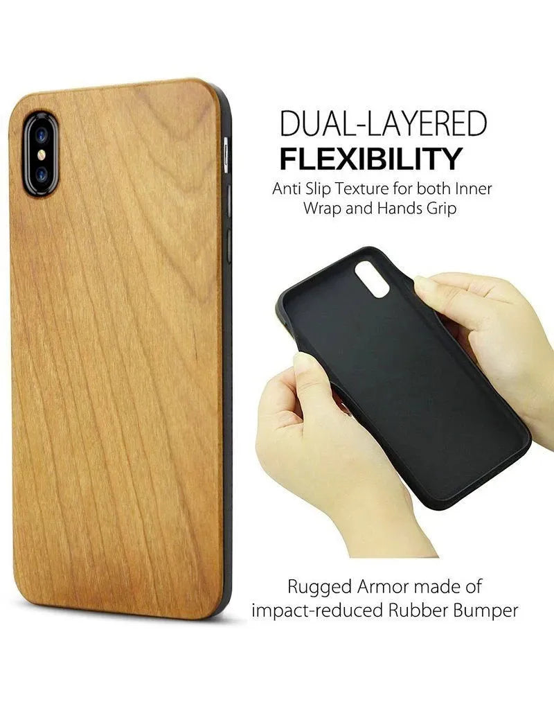 Wooden mobile phone case with laser-carved wood back and black TPU bumper frame for iPhone.