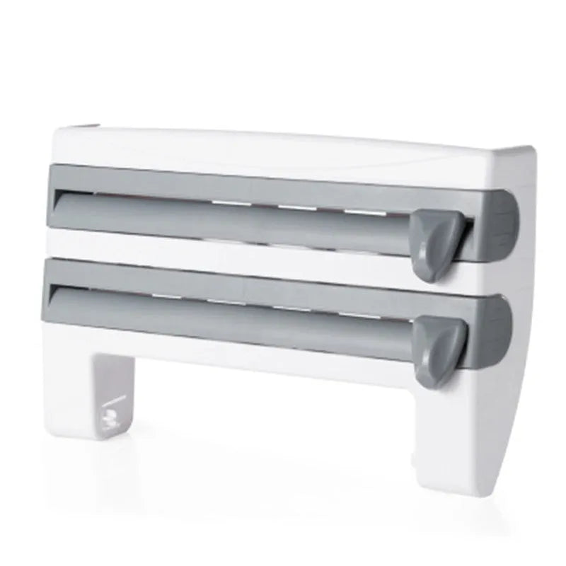 4-in-1 wall-mounted kitchen roll holder dispenser in white ABS for cling film foil and paper towel rolls
