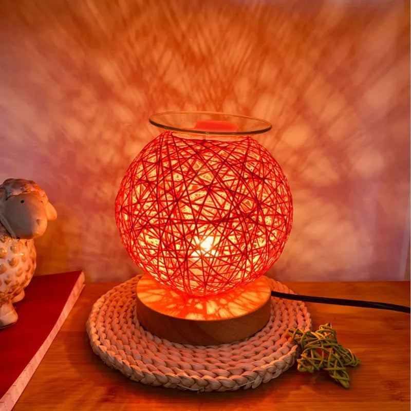 Electric wax warmer with bamboo wood lamp holder, 35W bulb, touch switch, and handmade sepak takraw design