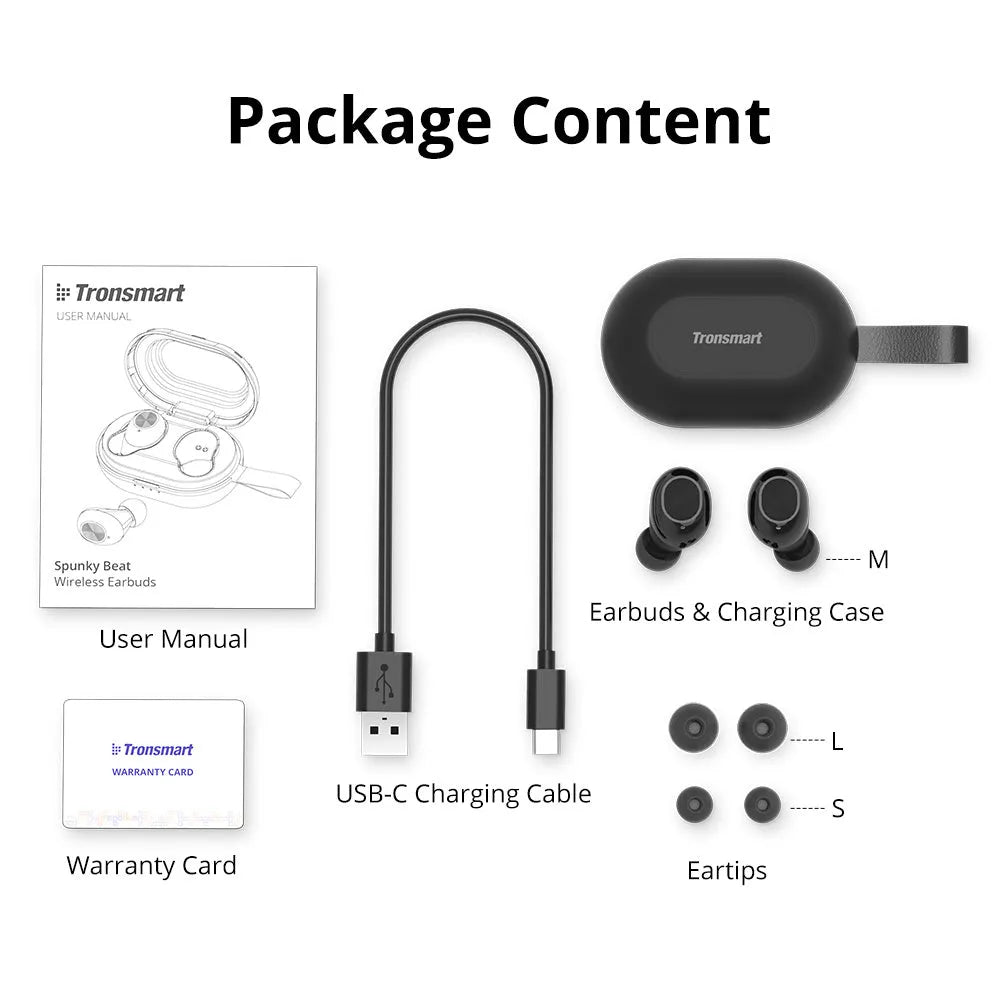 Tronsmart Spunky Beat black Bluetooth earphones with touch controls and charging case.