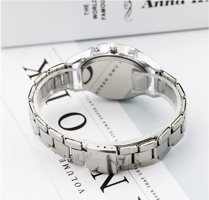 Blu-ray Gift Steel Band Watch with black dial, alloy strap, and folding buckle on a white background
