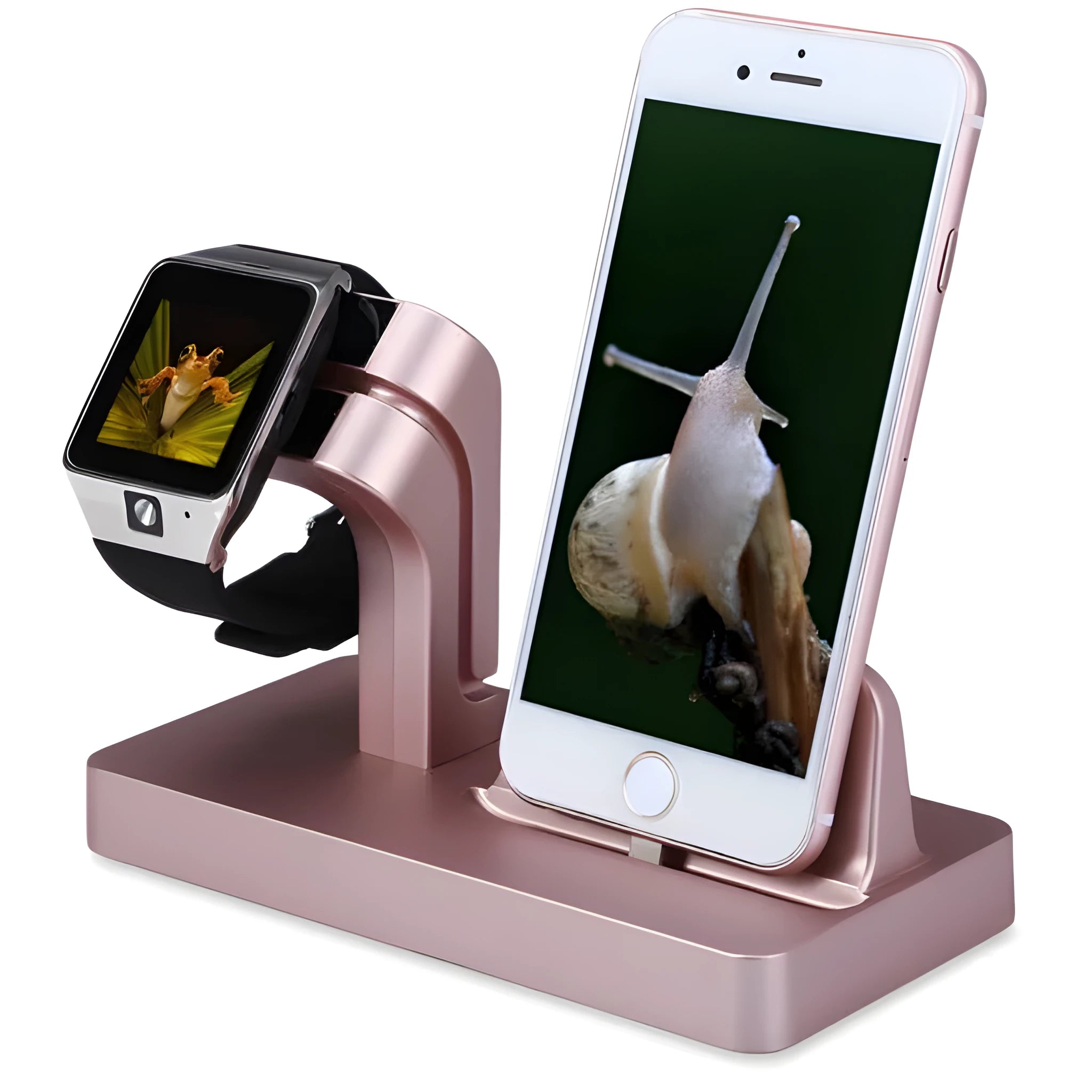 White desktop charging dock holding iPhone and Apple Watch upright for simultaneous charging