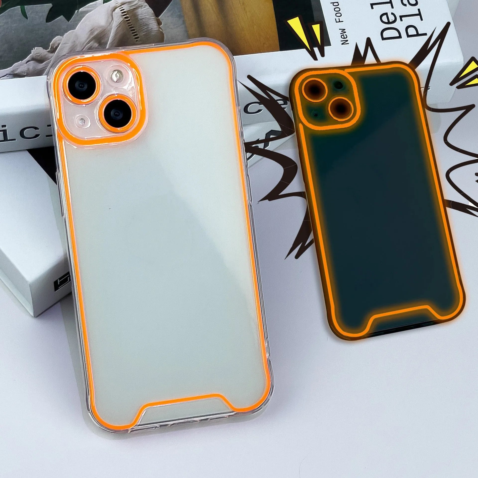Glow in the dark soft TPU phone case for iPhone, shown in multiple colours including green, orange, and blue.