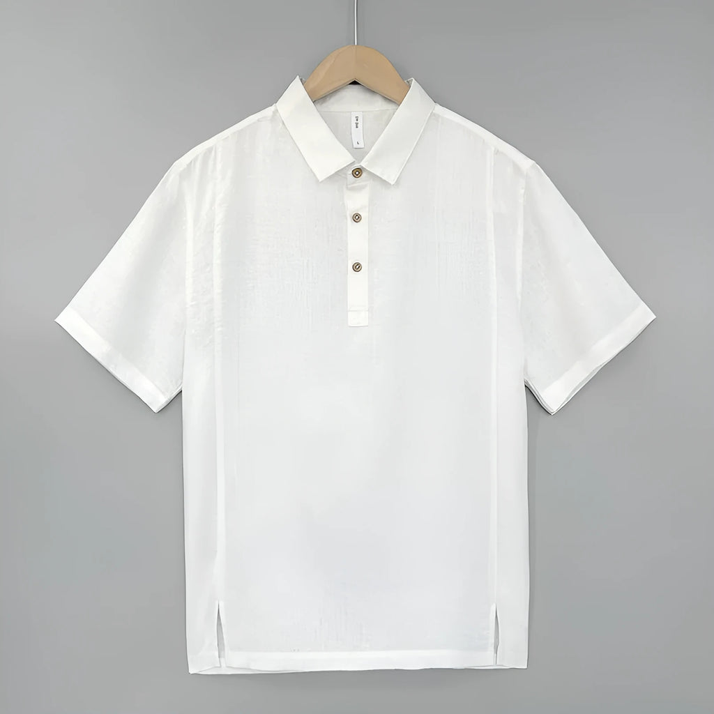 Men's loose fit linen summer top with thin lapel collar and short sleeves.