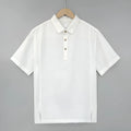 Men's loose fit linen summer top with thin lapel collar and short sleeves.
