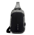 Oxford cloth waterproof chest bag showing front zipper opening and adjustable strap in dark blue colour