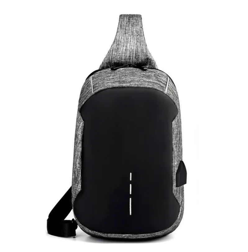 Oxford cloth waterproof chest bag showing front zipper opening and adjustable strap in dark blue colour