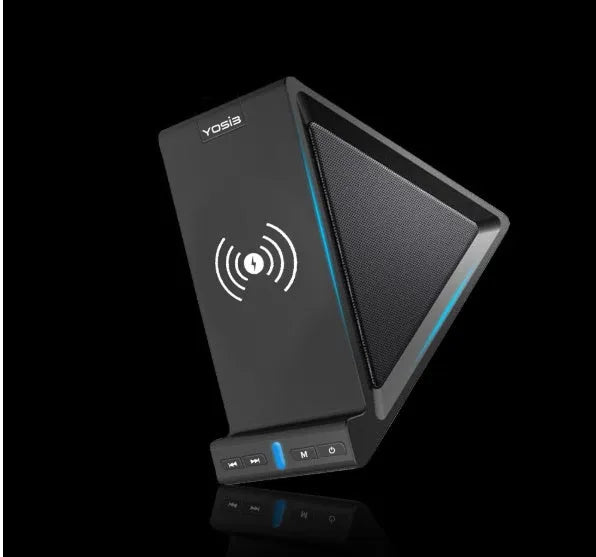 Black multifunctional Bluetooth speaker with integrated phone stand and wireless charging pad