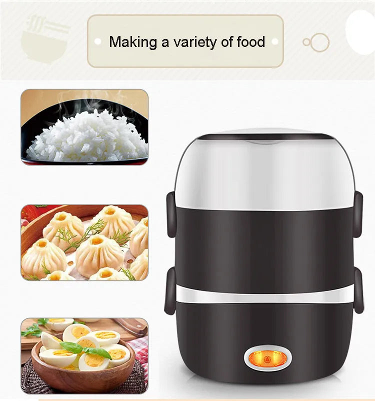 Multi-function electric lunch box 200W USB power, two-layer 1L or three-layer 2L, 190mm square unit.