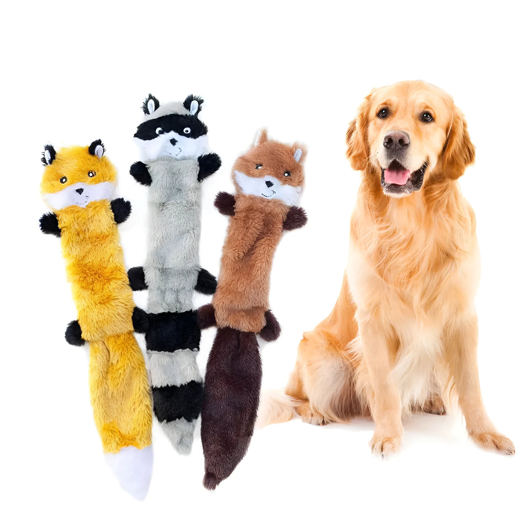 46 cm long plush dog toy with squeaker in brown carrot grey or yellow colours