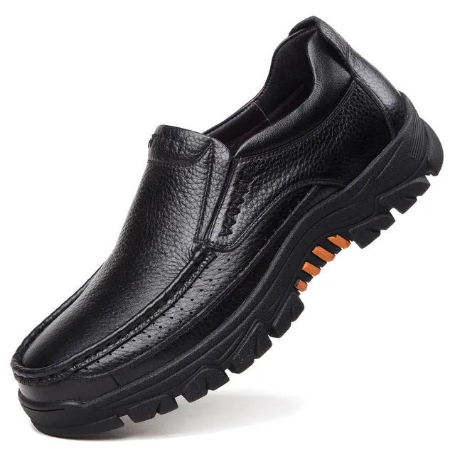 Men's black and brown business casual slip-on loafers with cowhide leather upper and rubber sole