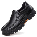 Men's black and brown business casual slip-on loafers with cowhide leather upper and rubber sole