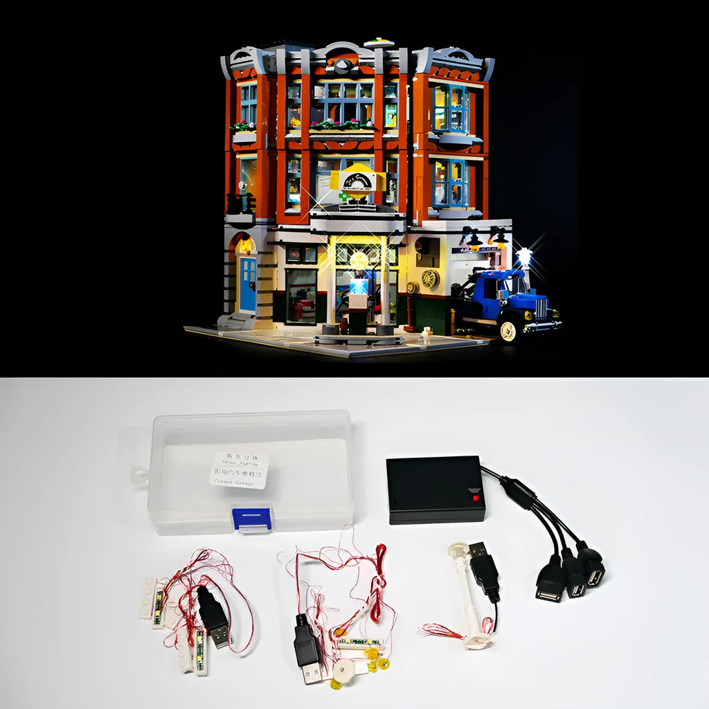 MOC building block LED lighting accessory kit with plastic parts for corner repair shop models