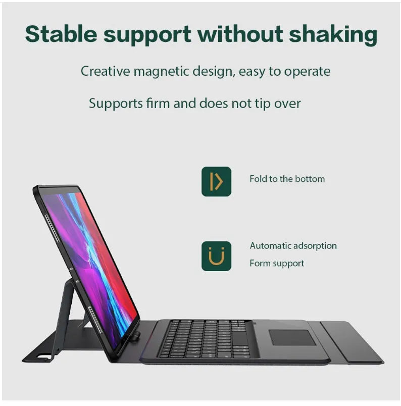 Bluetooth keyboard protector with integrated touch panel for iPad, black touch finish, Bluetooth 5.1, 500mAh battery, 450g