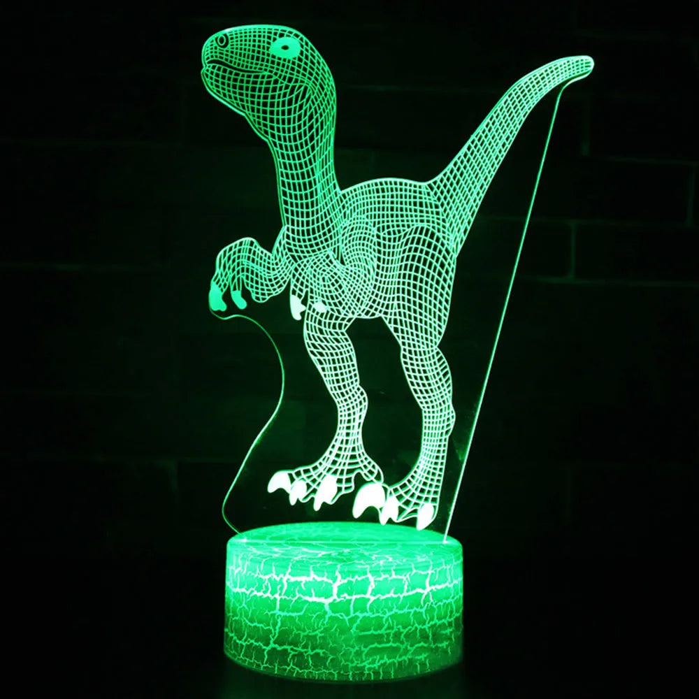 Colourful dinosaur 3D night light with touch control and crack-effect illumination on acrylic panel