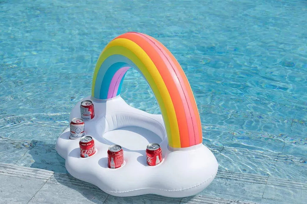 Rainbow inflatable pool float cooler with cloud shape and four glass holders floating on blue water