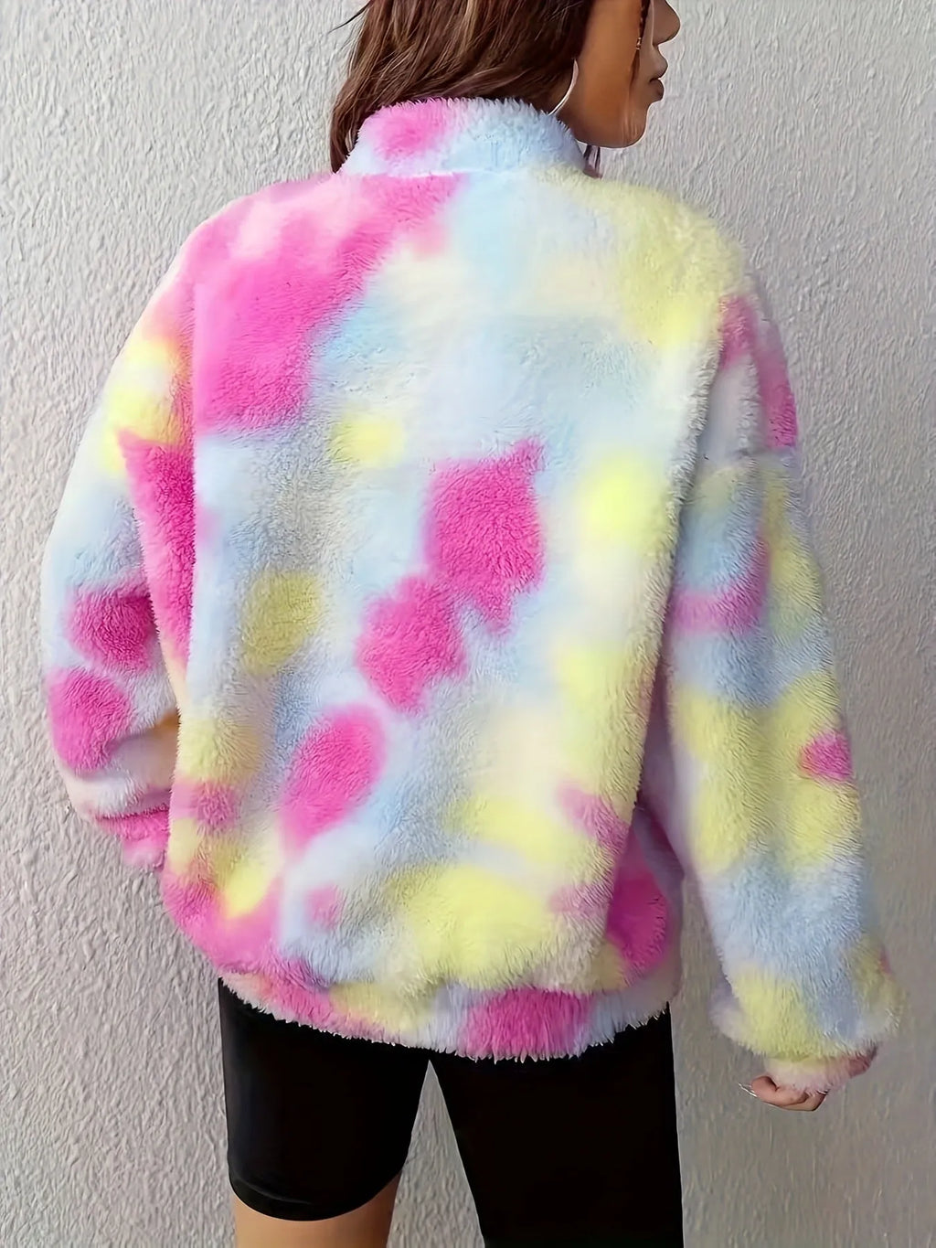 Women's rose red tie-dye half-open zipper plush pullover top with thick polyester fabric