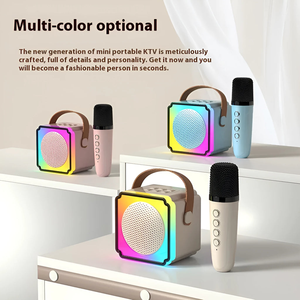 Double microphone karaoke speaker set with USB power and card insertion in creamy-white, pink or light blue