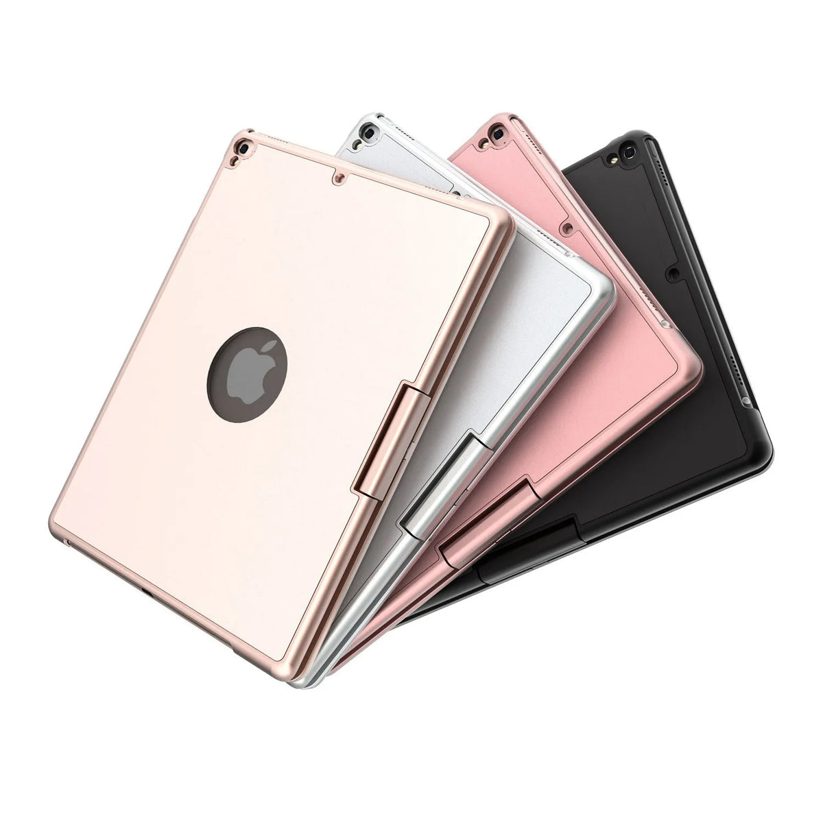 iPad Bluetooth keyboard case with 360-degree rotation, colourful backlit keys, and breathing light, in gold or silver