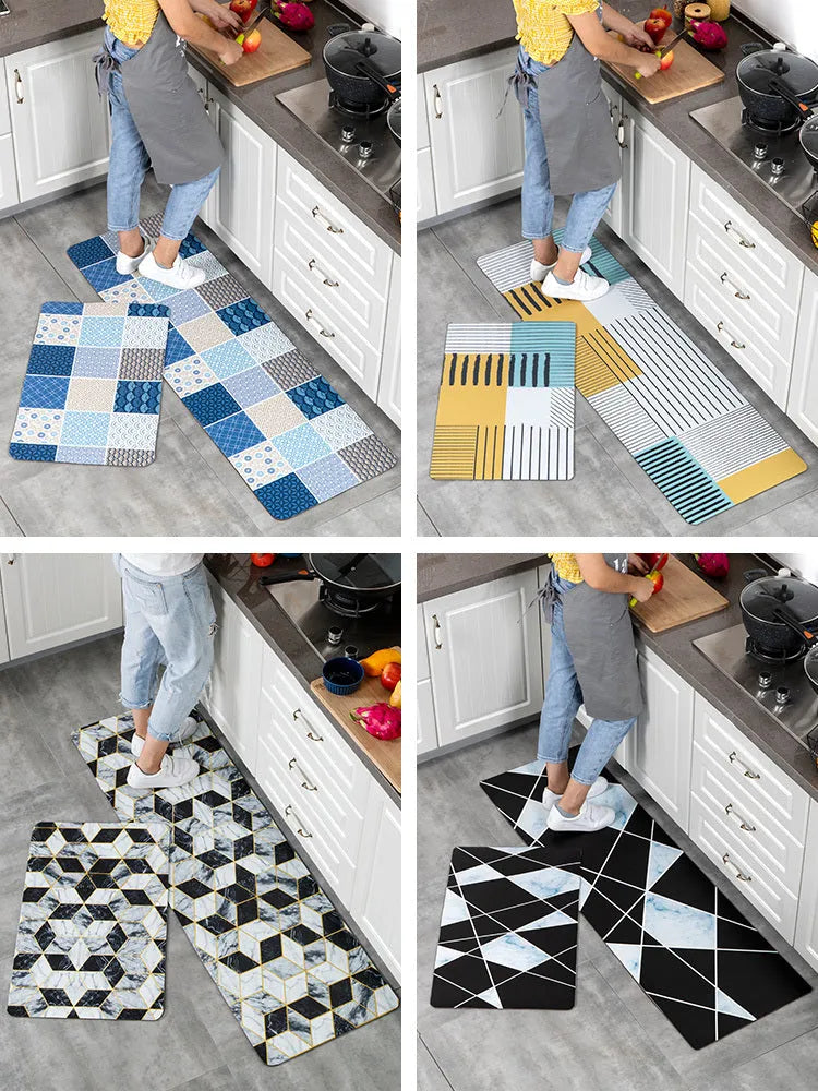 Machine woven leather kitchen floor mat with geometric pattern in black, 40x60cm size