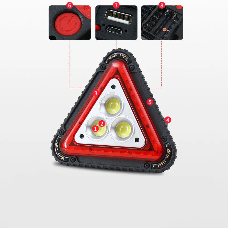 Triangular red warning light, ABS body, 20W COB+LED, rechargeable 18650, hand pressure, with USB cable and four AA batteries