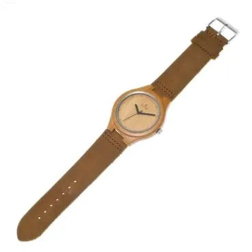 Couples wooden watch with bamboo case, leather strap, round 45mm dial, and mineral glass face