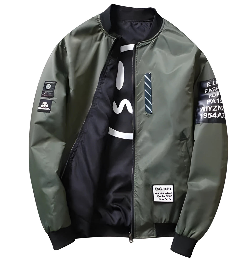 Men's reversible flight jacket showing stripe pattern and zipper closure in black, blue, or green colour options