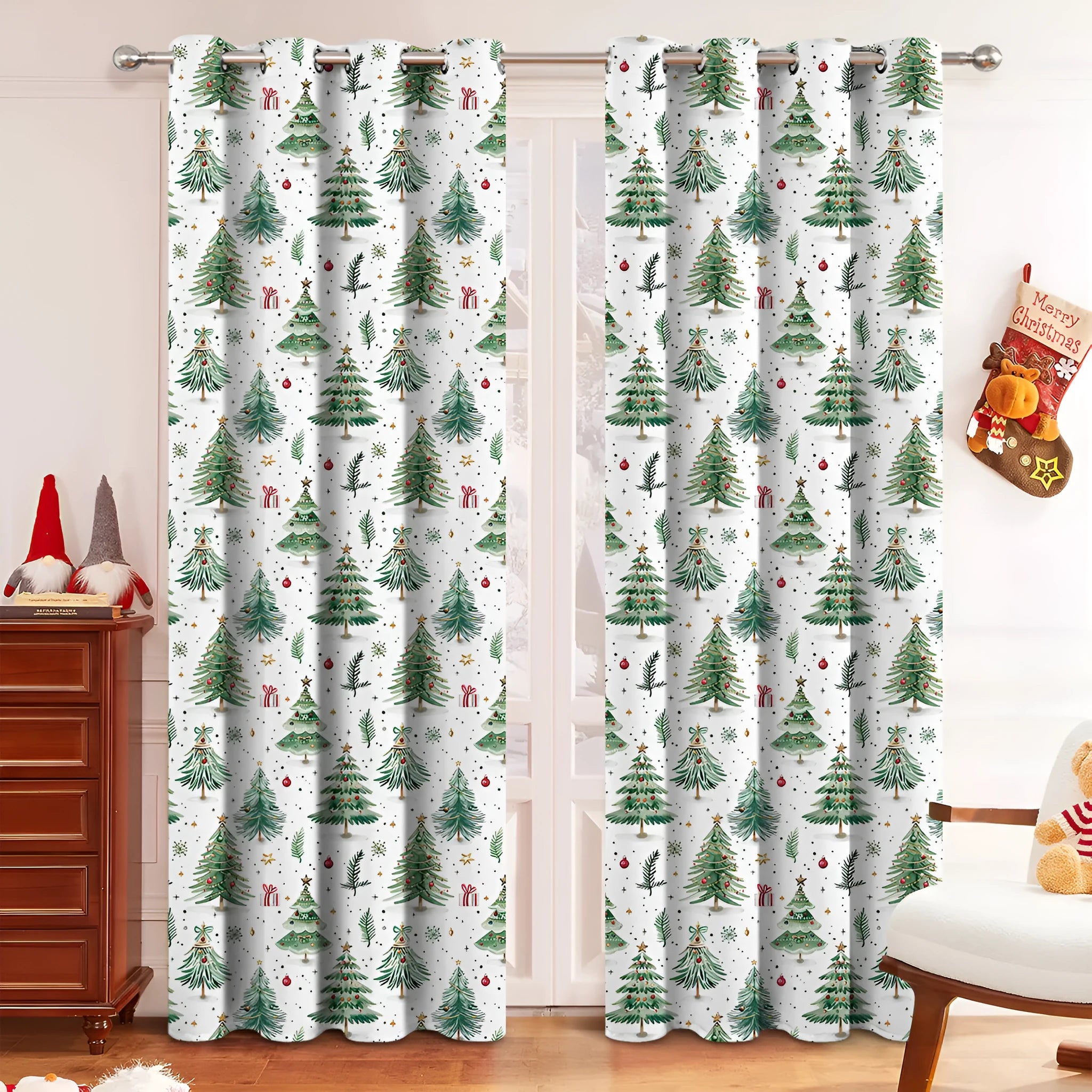 Christmas Forest Punching design polyester shading curtain panel shown in modern simplicity style.