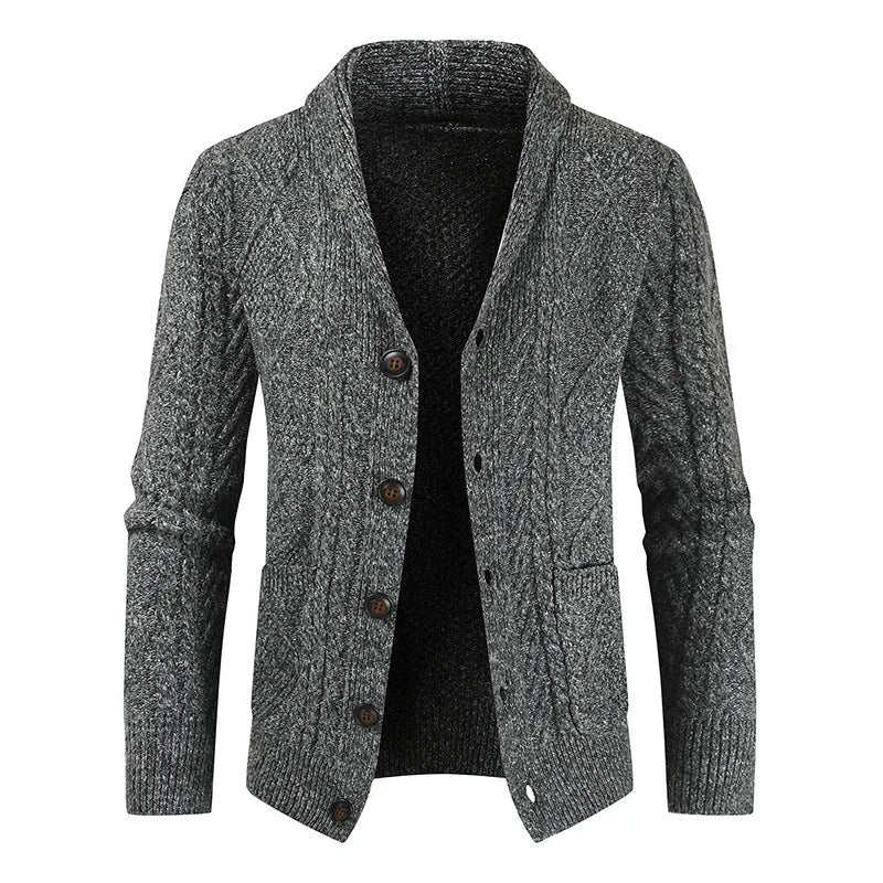 Men's loose-fit knitted V-neck cardigan in polyester, front view, black colour