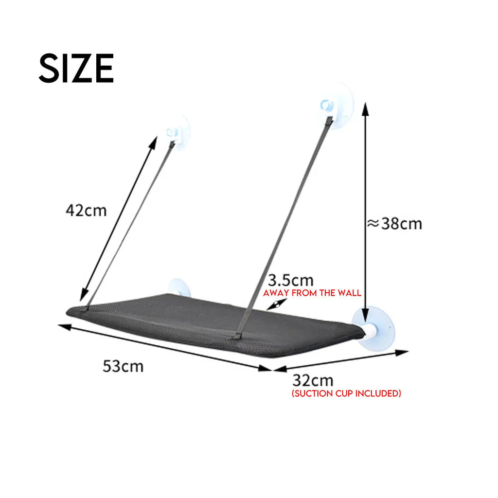 Black pet hammock with suction cups attached to a window, 53x32 cm, breathable mesh fabric