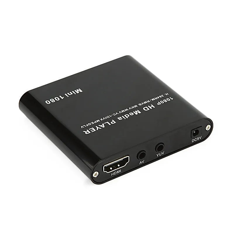 1080P Full HD media player in black or blue with HDMI port, SD card slot, and USB inputs
