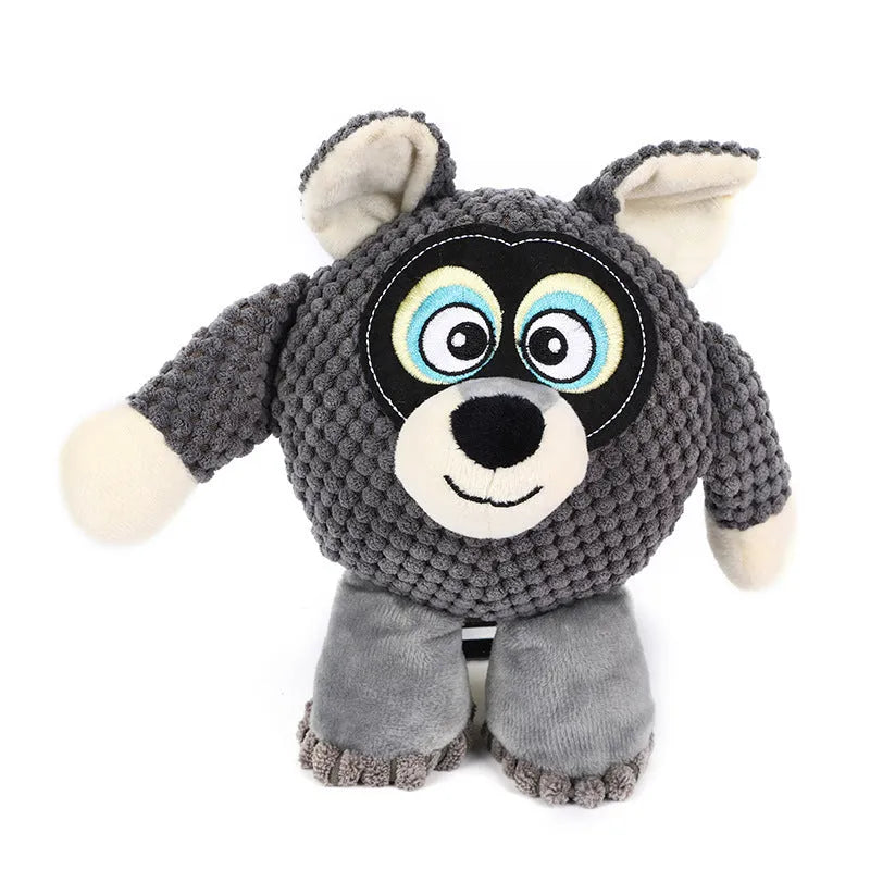 Bite resistant dog plush toy for tooth cleaning measuring 27x24cm in blue, gray, orange