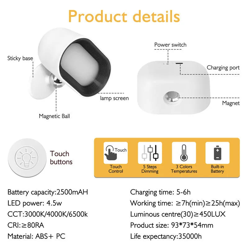 White plastic remote touch magnetic wall lamp with oval light panel on rotating magnetic base